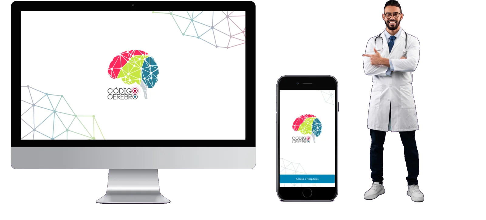 Código Cerebro en monitor y smartphone, junto a un médico
