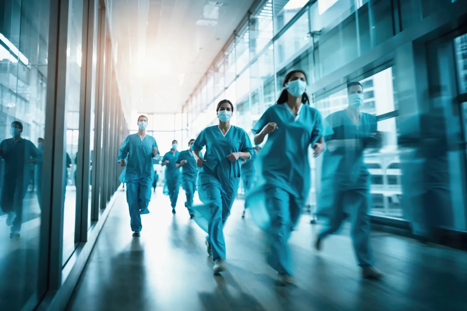 Personal médico corriendo por un pasillo de urgencias